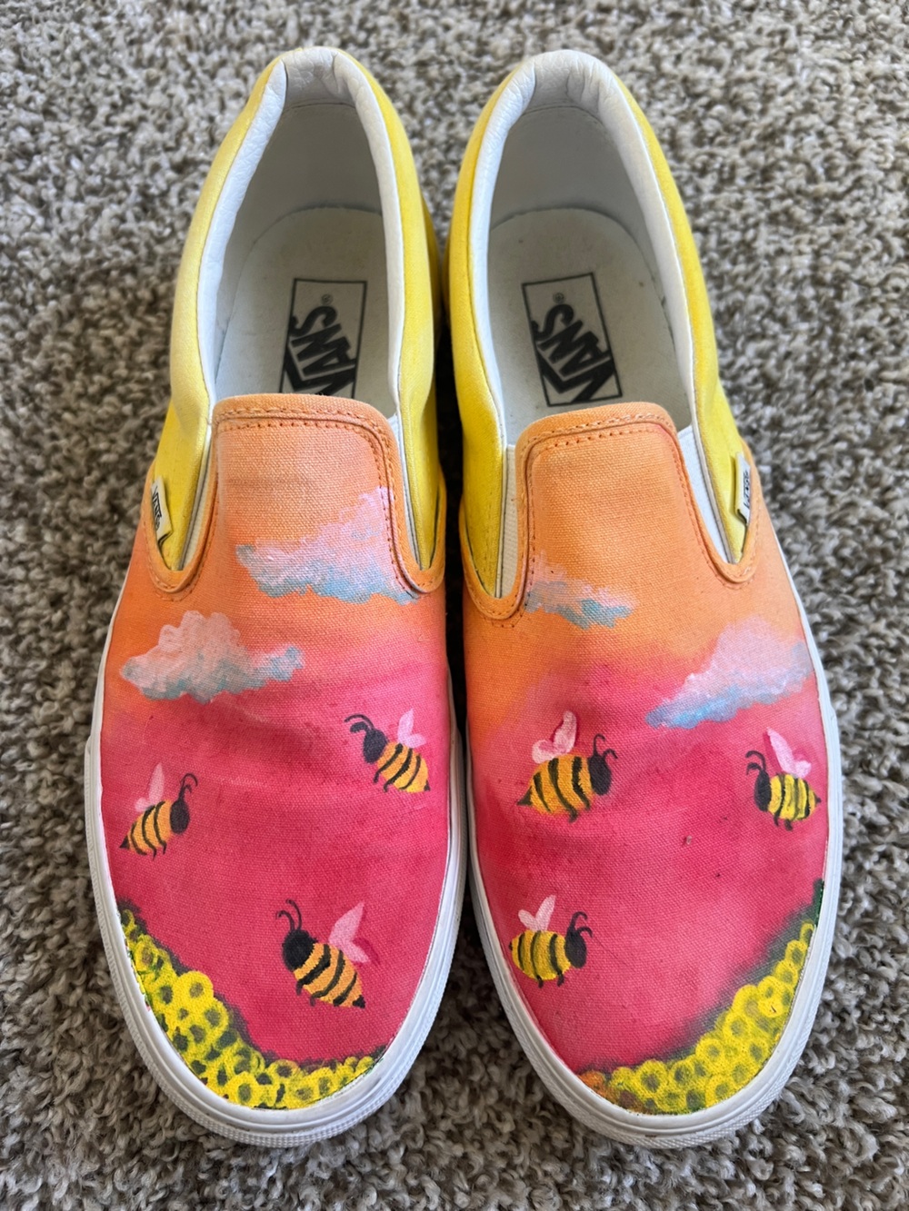 Vans Slip-On Sneakers - Pink, Orange & Yellow Handpainted Bee Design